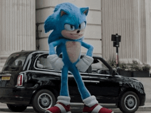 sonic the hedgehog is standing in front of a black car with the license plate number 1