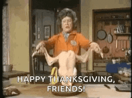 a woman is holding a dead turkey in her hands and says `` happy thanksgiving , friends '' .