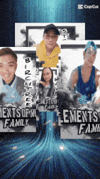 a collage of four pictures with the words birth three elements of my family