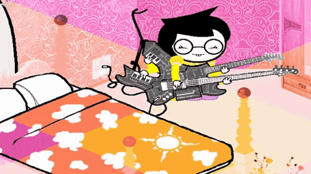 a cartoon character is playing a guitar in a room