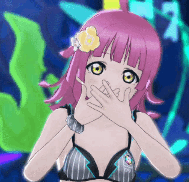 a girl with pink hair and a flower in her hair is covering her mouth