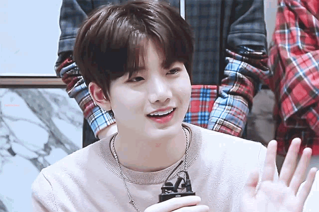 a young man wearing a plaid shirt and a sweater is smiling