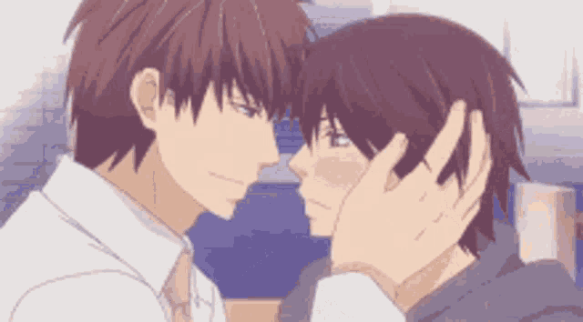 a couple of anime characters touching each other 's faces in a kitchen .