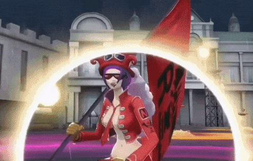 a woman in a red outfit is holding a red flag that says " n " on it