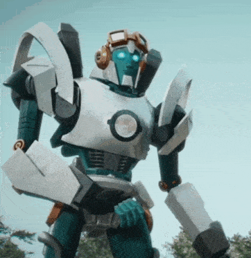 a robot wearing headphones and goggles stands in front of trees