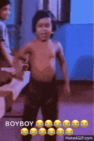 a boy without a shirt is dancing in a room with a group of people .