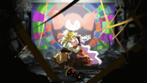 two anime characters are hugging in front of a colorful background with a skull