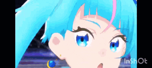 a cartoon girl with blue hair and blue eyes is looking at the camera .