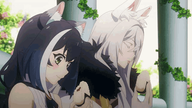 a couple of anime characters standing next to each other with one holding a piece of food