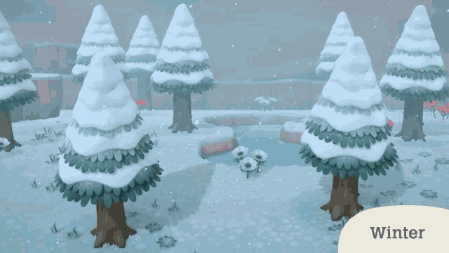 a winter scene with trees covered in snow