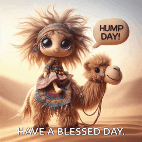 a picture of a doll riding a camel with a speech bubble that says " hump day "