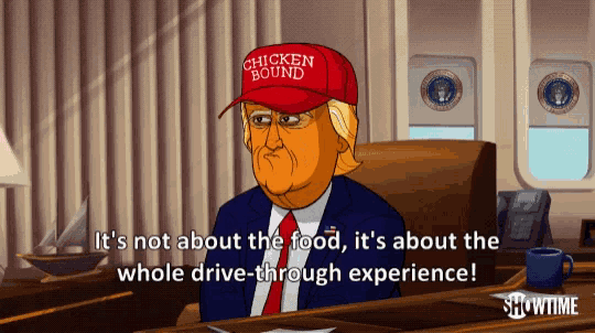 a cartoon of trump wearing a chicken bound hat