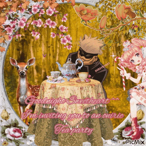 a picture of a tea party with the words goodnight sweetheart