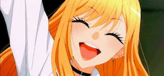 a close up of a blonde anime girl with her mouth open