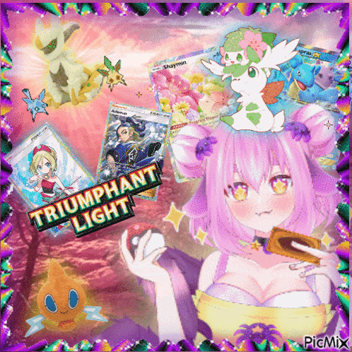 a girl with pink hair is surrounded by pokemon cards and the words triumphant light on the bottom