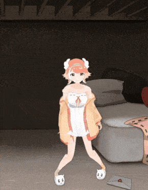 a girl is standing in front of a bed with a letter on the floor