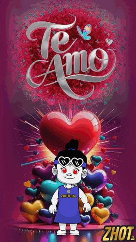 a cartoon girl wearing sunglasses stands in front of a heart with the words te amo on it