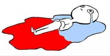 a cartoon of a person laying on a bloody surface .