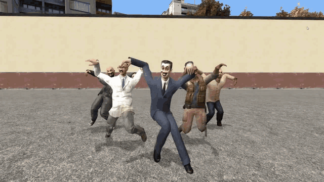 a group of cartoon characters are running in a circle