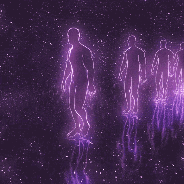 a group of naked men are walking in a row in a purple background