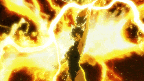 a woman in a black bathing suit is surrounded by fire and lightning