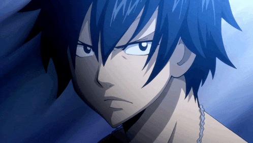 a close up of a blue haired anime character with a necklace around his neck