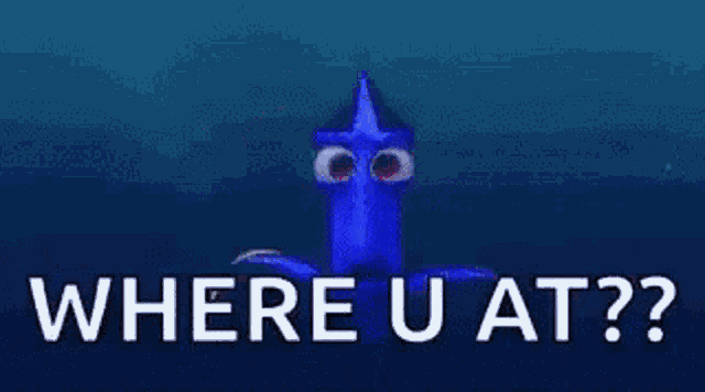 a close up of a cartoon character 's eyes with the words `` where u at '' written below them .