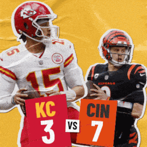two football players holding signs that say kc vs cin