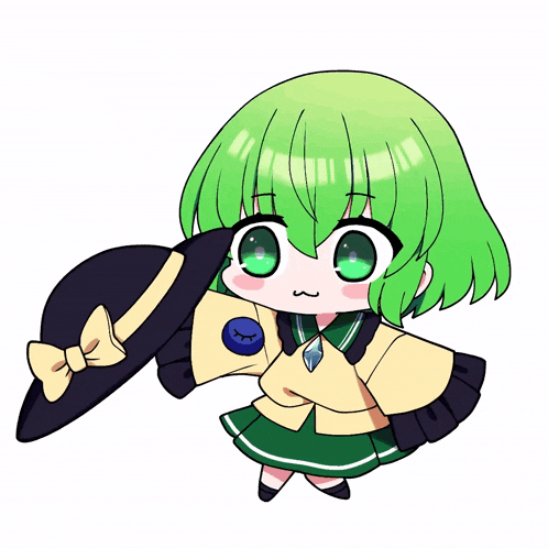 a little girl with green hair is wearing a black hat