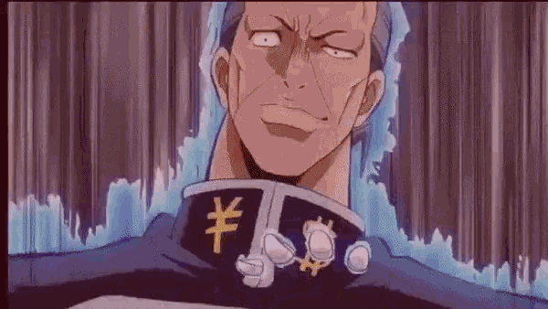 a close up of a man 's face in a cartoon with a chinese symbol on his collar .