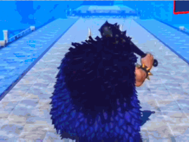 a person wearing a purple cape and horns is walking down a brick walkway