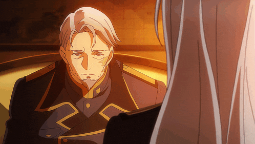 a man with white hair and a beard looks at another man with long white hair