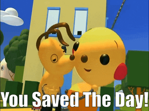 a cartoon says " you saved the day " with two cartoon characters kissing