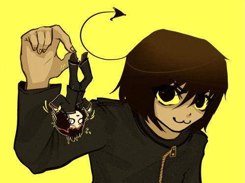 a cartoon drawing of a person holding a devil with a tail