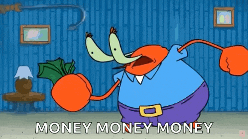 a cartoon character from spongebob squarepants is holding a bag of money in his hand .