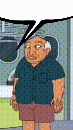 a cartoon character is standing in front of a door with a speech bubble above his head .
