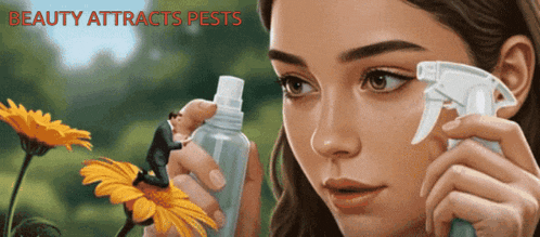 a woman spraying her face with a spray bottle with the words beauty attracts pests above her