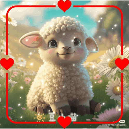 a picture of a sheep surrounded by hearts and flowers with a red frame