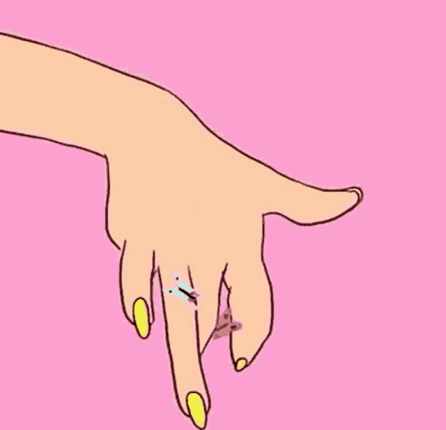 a cartoon drawing of a woman 's hand with yellow nails and a butterfly ring on her finger .
