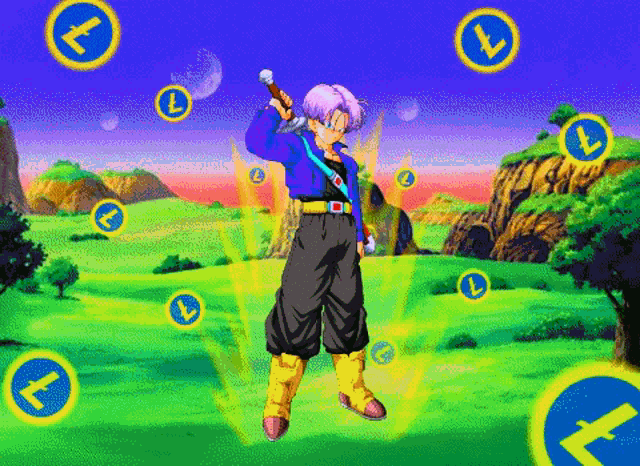 a cartoon character with a sword is surrounded by yellow circles with the letters l and t on them