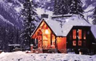 a cabin in the woods with snow falling around it
