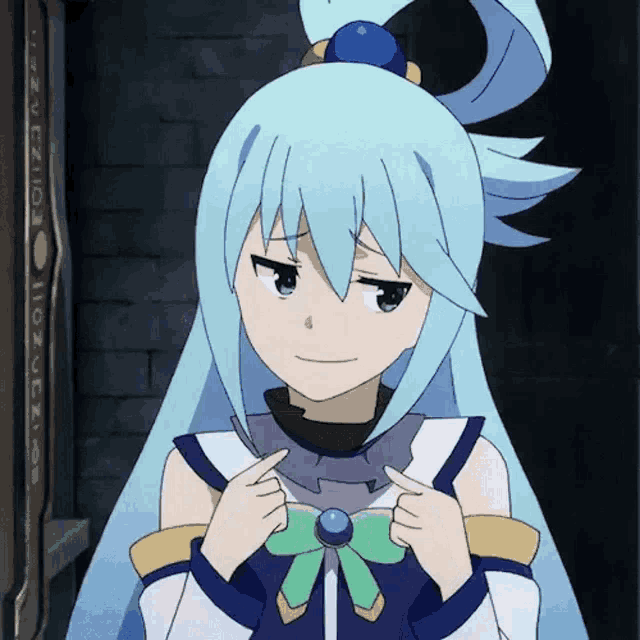 a girl with blue hair is making a funny face and pointing at herself