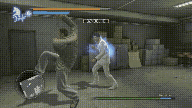 two men are fighting in a video game with the time displayed at 02:06:43