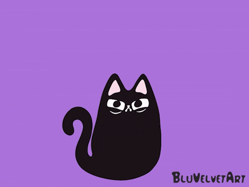 a cartoon of a black cat holding two knives with the name bluvelvetart below it