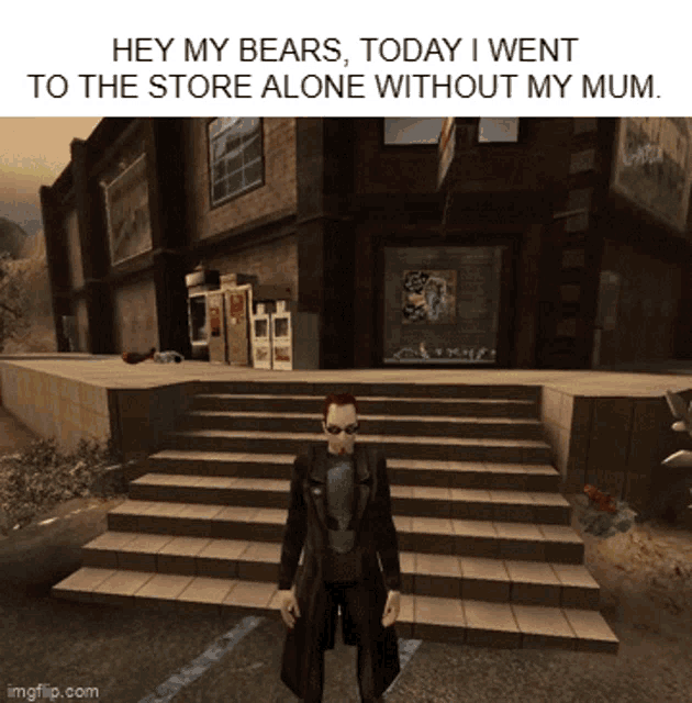 a man in a trench coat is standing in front of a store alone without his mum ..
