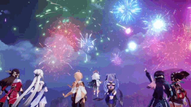 a group of anime characters are standing in front of fireworks .