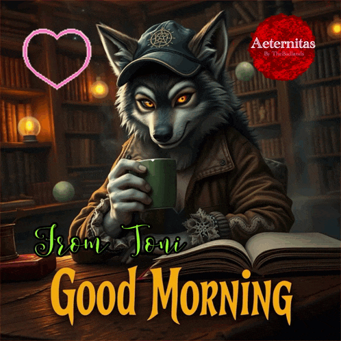 a picture of a wolf holding a cup of coffee and reading a book