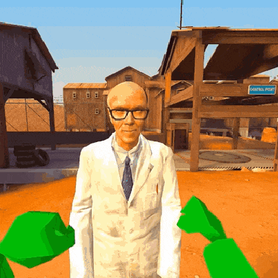 a man in a white suit and tie stands in front of a building that says mental point