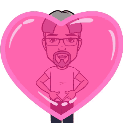 a man with glasses and a beard is surrounded by a large pink heart