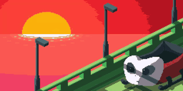 a pixel art of a sunset with a skeleton on a bridge in the foreground